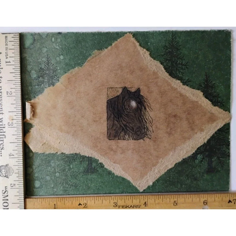 Miniature Mixed Media Horse Block Print Art 5.5x7 Rustic Pine Forest Card